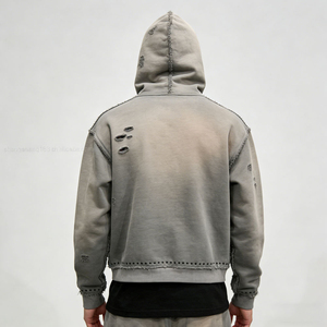 Vintage Washed Distressed Zip Up Hoodie Oversized Rivet Streetwear Sweatshirt for Men & Women - Product Image 5