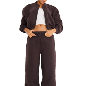 Conjunto Deportivo de Felpa para Mujer, Color Sólido, Corte Holgado, Pantalones y Chaqueta Largos, Cuello Mao, Ropa Casual - Product Image 3