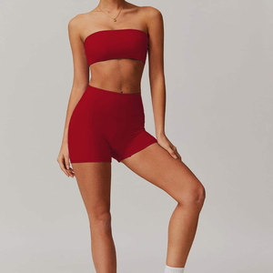 Women 2 Piece Yoga Set Double Layer Strap <b>Crop</b> <b>Top</b> High Waist Shorts Solid Red Seamless Spandex/Nylon Breathable Sheer Mesh - Product Image 5
