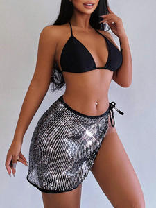 Ensemble bikini 2 pièces pour femme, asymétrique, à sequins, taille haute, bas à nouer sur les côtés, haut dos nu noir, maillot de bain - Product Image 5