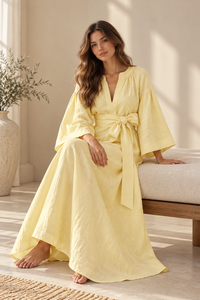 Cotton Linen Blend <b>Maxi</b> <b>Dress</b> for Women Solid Light Yellow V Neck Kaftan Style Bell Sleeve Belted Casual Daily Wear - Product Image 2