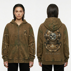Sudadera con capucha de cremallera completa para mujer, color marrón, con lavado ácido, 500GSM, estilo Steampunk, estampado de calavera de buceador, manga tubular y gráfico, de peso pesado - Product Image 1
