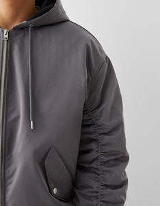 Chaqueta Bomber Negra para Hombre, Color Sólido, Cierre de Cremallera, Cortavientos, Informal, Ropa de Invierno, Cuello Alto de Lona, Relleno de Poliéster - Product Image 5