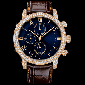 Reloj de Lujo para Hombre con Esfera Azul y Tono Dorado, Correa de Cuero, Bisel con Piedras Brillantes, Estilo Cronógrafo, Reloj de Moda - Product Image 1