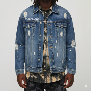 Veste en jean vintage pour homme OEM, effet usé, fermeture boutonnée sur le devant, coupe classique, 4 poches, doublure en laine imperméable, bleu délavé - Product Image 3