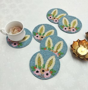 Handmade Eco-Friendly Customizable Bunny Ears with Flowers <b>Round</b> Coaster-Set of 6 (Polyester/Cotton) - Product Image 3