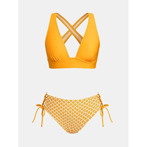 Yellow <b>Bikini</b> <b>Set</b> Deep V Neck Triangle Top Tie Side Bottom Geometric Print Swimwear Beachwear - Product Image 3