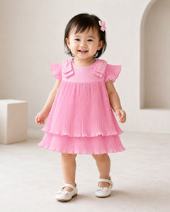 Robe plissée rose pour bébés filles avec manches à volants et jupe à étages, style mini uni mignon pour enfants - Product Image 1