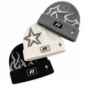 Gorro de punto jacquard personalizado al por mayor, gorro de invierno bordado, estilo urbano Y2K, unisex, con parches y logotipo, gorro de punto cálido con dobladillo. - Product Image 1