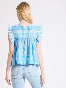 Blusa de Verano sin Mangas con Estampado Floral Bohemio Azul para Mujer, Cuello en V, Lazos y Volantes, Venta al por Mayor - Product Image 3