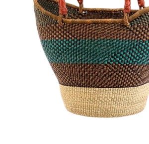 Sac fourre-tout en paille tressée personnalisé marron et bleu sarcelle à rayures, avec poignée en cuir, pour femme, mode décontractée, plage, OEM - Product Image 4