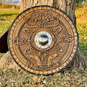 Escudo Vikingo Hecho a Mano por Ahmad Fabric, Arte Mural de 24 Pulgadas, Madera Contrachapada, Construcción de Acero al Carbono, Centro de Acero, Diseño con Runas Nórdicas - Product Image 5