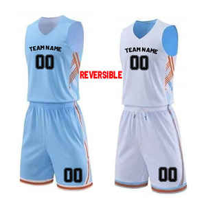 Uniformes de basket-ball réversibles personnalisés, bleu marine et blanc, impression par sublimation, unisexe adulte, respirant, col en V, sans manches, 100% polyester - Product Image 4