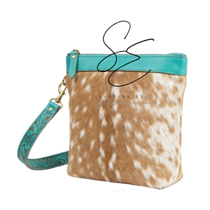Turquoise Leather Crossbody <b>Bag</b> with Real Fur Zipper Closure Boho Fashion Tooled Strap Daily Use Purse <b>Mini</b> Shoulder <b>Bag</b> - Product Image 1