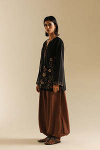 Black Embroidered Silk Wrinkle Free Formal Kurta Brown Wide Leg Pants Set Traditional Indian Pakistani Girls' Loose Fit - Product Image 3