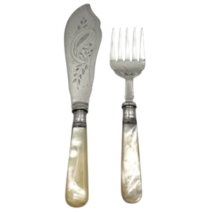 Juego de cubiertos victoriano antiguo de plata de ley con nácar, diseño de pez, mango grabado y adornado, cuchillo y tenedor para pescado, para el hogar. - Product Image 1