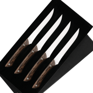 Juego de 4 Cuchillos para Carne de Acero Inoxidable con Hojas Afiladas y Mangos Negros, Caja de Regalo para Carne de Res, Cena y Comedor - Product Image 1