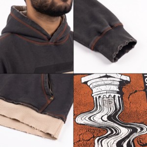 Sudadera con Capucha Térmica de Forro Polar para Hombre, 380g, Color Gris Oscuro con Ribete Marrón, Estampado de Letras en la Manga Izquierda, Estilo Casual para Otoño - Product Image 3