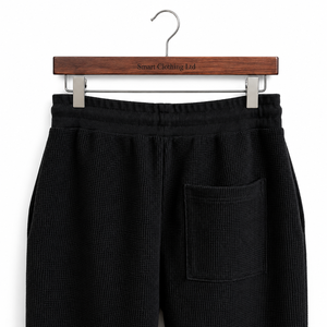 Men's Dark Blue Casual Waffle Jogger <b>Trousers</b> <b>Elastic</b> <b>Waist</b> Drawstring 100% Cotton Cuffs Ribbed Texture Plain Dyed OEM Service - Product Image 5