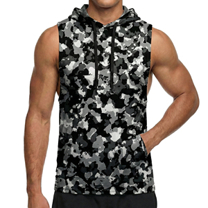 Custom Men's Camo Sleeveless Hoodie Muscle Tank Top Wholesale Workout Fitness Vest Kangaroo Pocket Hooded Sportswear Tank Tops - Product Image 3