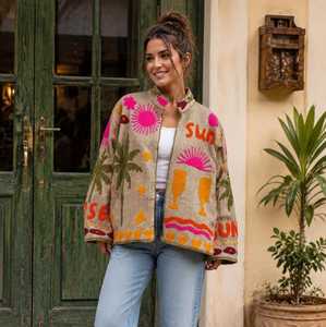 Chaqueta de Tweed Bordada con Palmeras Tropicales y Rayos de Sol, Estilo Boho, para Vacaciones, Abrigo Suzani - Product Image 1