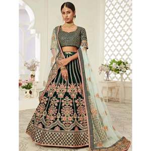 Elegant Green Velvet Lehenga Choli for <b>Bride</b> Plus Size XL with Pearl Embellishments - Product Image 1