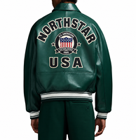 Blouson aviateur en cuir PU vert pour homme Airex avec patch brodé, col rabattable, fermeture éclair, style décontracté