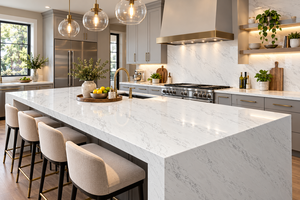 Losa de Cuarzo Pulido Calacatta Athena Grande para Encimeras de Cocina de Lujo, Mesones de Baño, Interiores Residenciales y Comerciales - Product Image 1