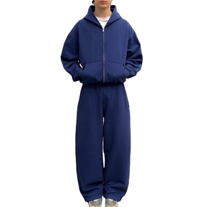 Ensemble survêtement en molleton français pour homme avec logo personnalisé, qualité supérieure, sweat-shirt à capuche surdimensionné à double fermeture éclair et pantalon de survêtement en vente - Product Image 1