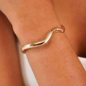 14K Solid Gold Plain Wavy Bangle <b>Bracelets</b> Custom Minimalist Elegant Modern Statement <b>Cuff</b> for Women Adjustable 6.25" Wholesale - Product Image 5
