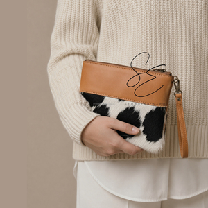 Luxury Real Cowhide Leather <b>Wristlet</b> Clutch Bag Cow Fur Makeup Pouch Small Evening Handbag for Women - Product Image 2
