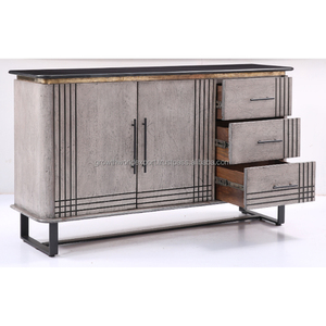 Buffet gris moderne de luxe avec dessus en marbre noir avec 2 portes et 3 tiroirs de rangement pour salon en bois abordable meilleur meuble pour buffet - Product Image 4