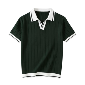 Polo de Manga Corta a Rayas de Punto para Hombre, Cuello con Botones, Casual, Verano, 100% Algodón, Transpirable, con Ribete Blanco y Verde - Product Image 1