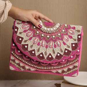 Pink Beaded Clutch Bag Green Palm Leaf Sequin Evening Purse <b>Envelope</b> Handbag Women Party Accessory Bridal Pouch Bead Work Wallet - Product Image 2