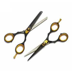 Ciseaux professionnels pour la retouche des cheveux, en acier inoxydable, 28 dents, pour droitiers, manche long, usage en salon, noir et or, kit de barbier - Product Image 1