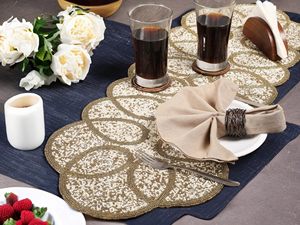 Classic Woven Table Runner Beaded Pattern Gold Cream Linen Home Decor Washable Hand Wash - Product Image 1