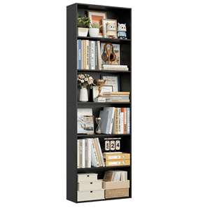 Libreria Estensibile a 6 Ripiani in Legno, Scaffale Espositivo per Soggiorno, Ufficio, Biblioteca, Colore Nero - Product Image 4