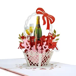 New 3D popup Greeting card model flower basket and champagne 2022 for Birthday or Valentine Top Seller