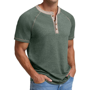 Casual Men T <b>Shirt</b> Short Sleeve Button Placket Raglan Contrast Stitching Cotton Summer Tee - Product Image 2