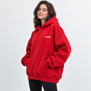 Women's Oversized <b>Red</b> <b>Hoodie</b> With Front Logo Print Drop-Shoulder Fleece Sweatshirt Long Length Autumn Wear - Product Image 6