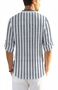 <b>Men's</b> Blue White Striped Herringbone Collarless <b>Henley</b> <b>Shirt</b> Three Quarter Sleeve Casual Breathable Summer Top 100% Polyester - Product Image 3