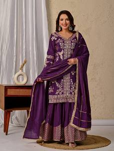 Ensemble Salwar Kameez pakistanais brodé violet de luxe pour femmes, Kurta Sharara Dupatta, tenue de fête de mariage, costume ethnique - Product Image 3
