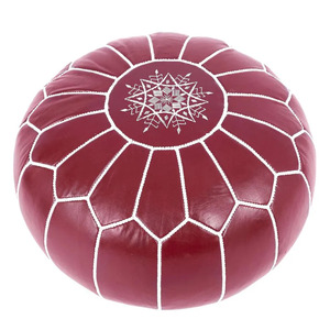 Burgundy Moroccan Leather Adjustable Handmade Pouf Ottoman with Modern Embroidery <b>Round</b> Floor <b>Cushion</b> for Hotel Use - Product Image 3