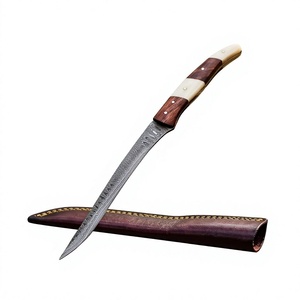 Hermosa Cuchilla de Filetear de Acero de Damasco Hecha a Mano OEM, Hoja con Borde Serrado y Punta Caída, Mango de Madera, Grado Industrial, 12 Pulgadas de Largo Total - Product Image 1