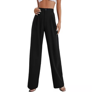Pantalon large taille haute pour femme, couleur unie, en crêpe, coupe ample, longueur complète, décontracté - Product Image 2