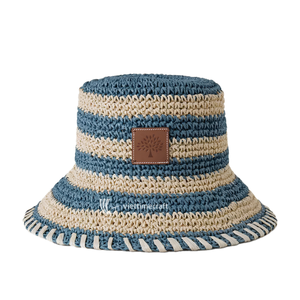 Striped Hand Embroidery Paper <b>Straw</b> Adjustable Bucket <b>Hat</b> for Unisex Beach Travel Outdoor by ViettimeCraft - Product Image 1