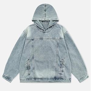 New Arrival <b>Men's</b> Clothing Pullover Denim Jeans Hoodie Custom Acid Washed <b>Raincoat</b> Jeans Hooded Breathable Sun Faded Hoodie - Product Image 1