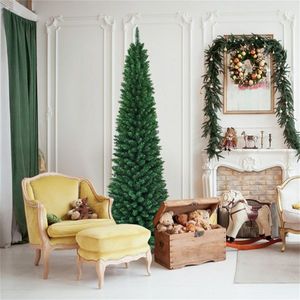 Sapin de Noël fin et élancé de 2,4 m avec 1000 branches en PVC, finition floquée, design peu encombrant pour les petits coins - Product Image 5