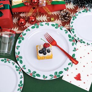 Ensemble de vaisselle de Noël au design exquis Holly, 50 assiettes en plastique, 50 couverts rouges, kits de fournitures de fête jetables pour les occasions festives - Product Image 2