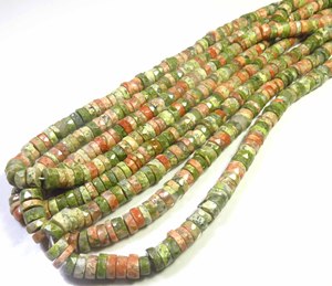 Perles de pierres précieuses naturelles Unakite Heishi en forme de disque, 6,5-7 mm, perles opaques percées au centre, 16 pouces, Unakite vert, pierres à facettes en forme de roue, pour bricolage - Product Image 2